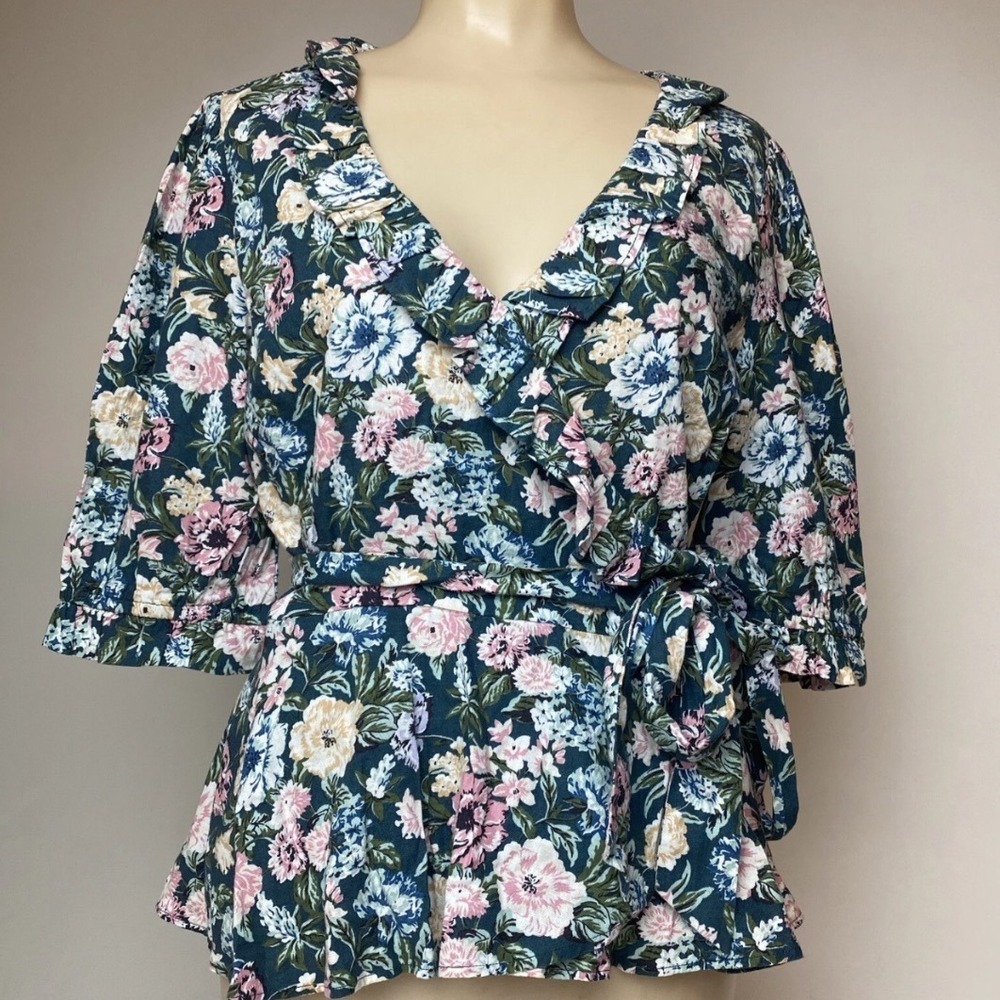 LOFT‎ Linen Blend Floral Wrap Blouse Small Cottagecore Romantic Ruffle Tie Top